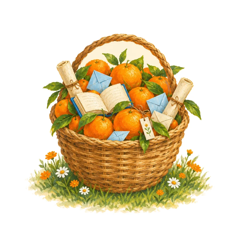 A wicker basket full of oranges, books, letters and paper scrolls, sitting in the grass.