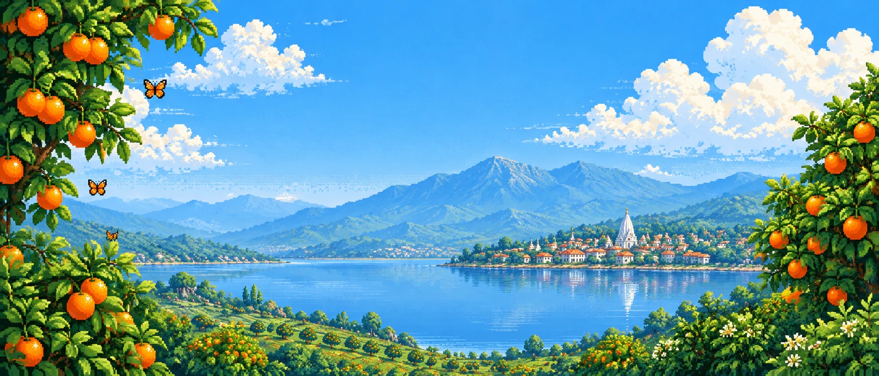 Pixel art: orange trees frame a lake valley with a small Indian town, a white temple and blue mountains.