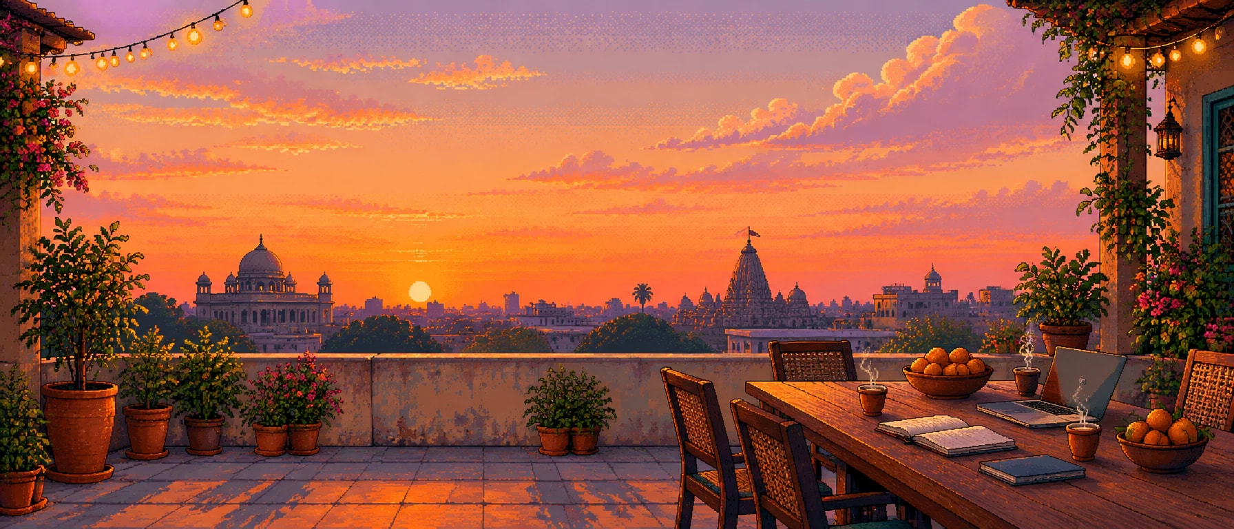 Pixel art: a rooftop at sunset with a long table set with chai, books and bowls of oranges.